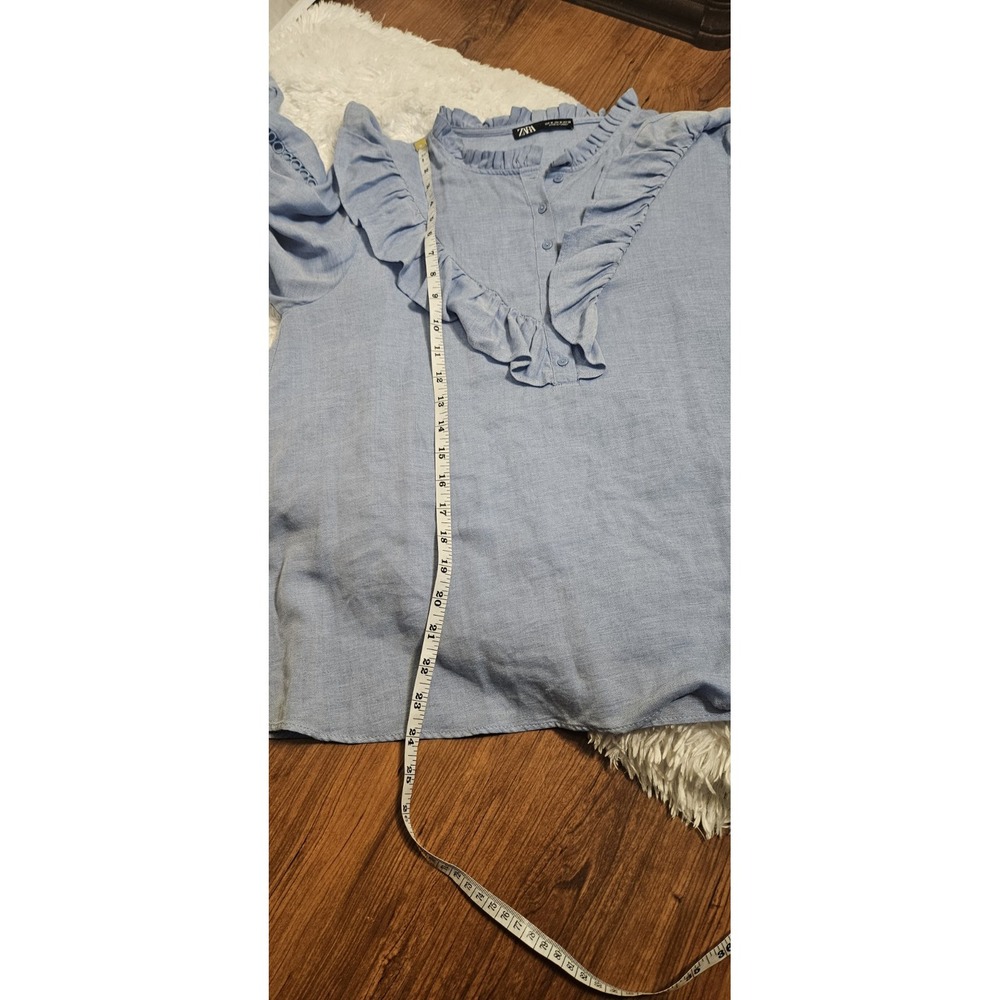 Zara Long Sleeve Ruffled 3/4 Vneck Button Blouse Top Blue Sz M - Picture 5 of 8